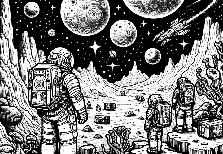 Astronauten auf fremdem Planeten – Malvorlage kostenlos Astronauten auf fremdem Planeten – Malvorlage kostenlos