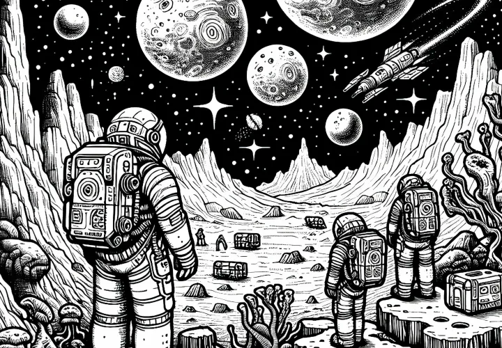 Astronautit vieraalla planeetalla – Ilmainen värityskuva Astronautit vieraalla planeetalla – Ilmainen värityskuva