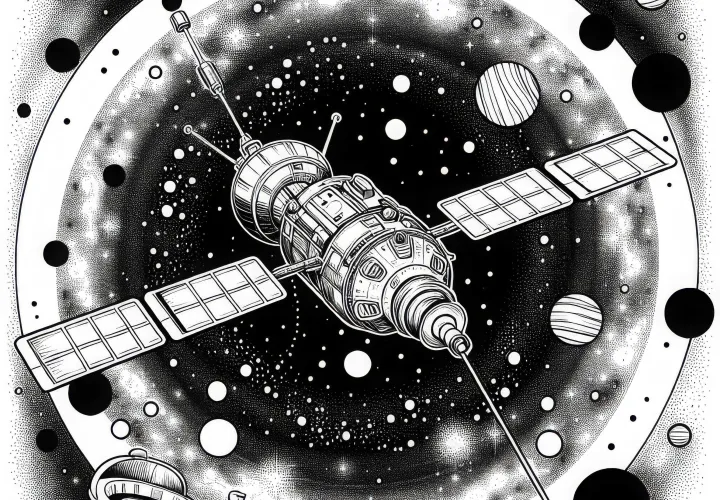 Avaruusluotain lentää avaruuden halki – Ilmainen värityskuva Avaruusluotain lentää avaruuden halki – Ilmainen värityskuva