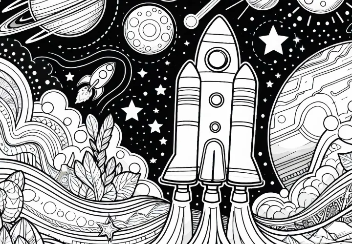 Raketti avaruudessa – Ilmainen värityskuva Raketti avaruudessa – Ilmainen värityskuva