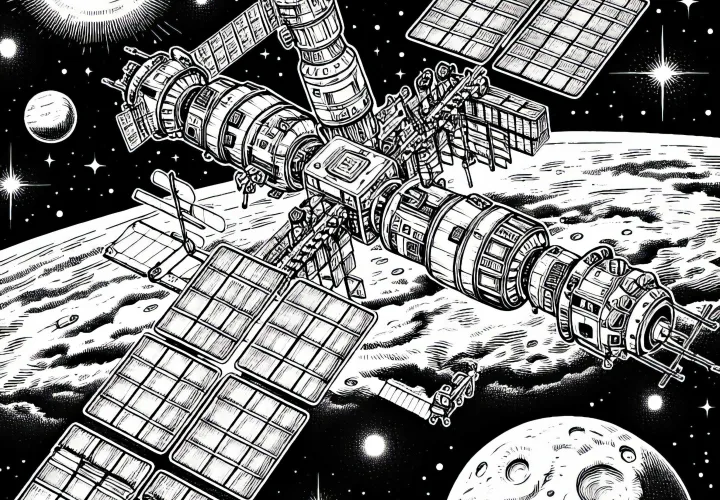 Aurinkopaneeleilla varustettu avaruusasema – Ilmainen värityskuva Aurinkopaneeleilla varustettu avaruusasema – Ilmainen värityskuva