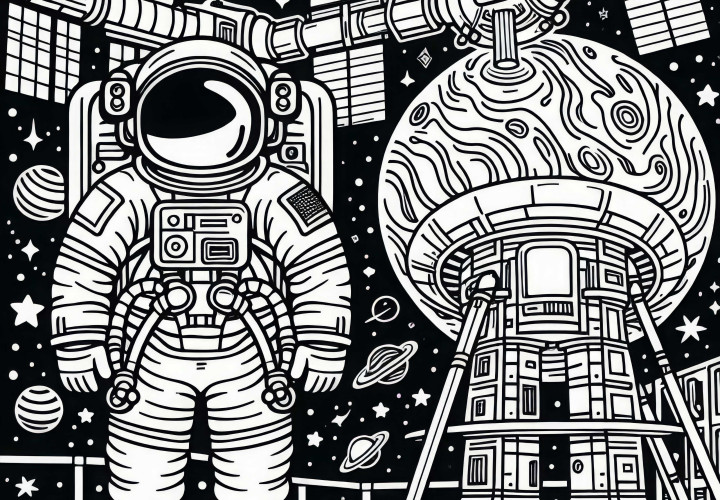 Astronaut auf Raumstation Ausmalbild gratis Astronaut auf Raumstation Ausmalbild gratis