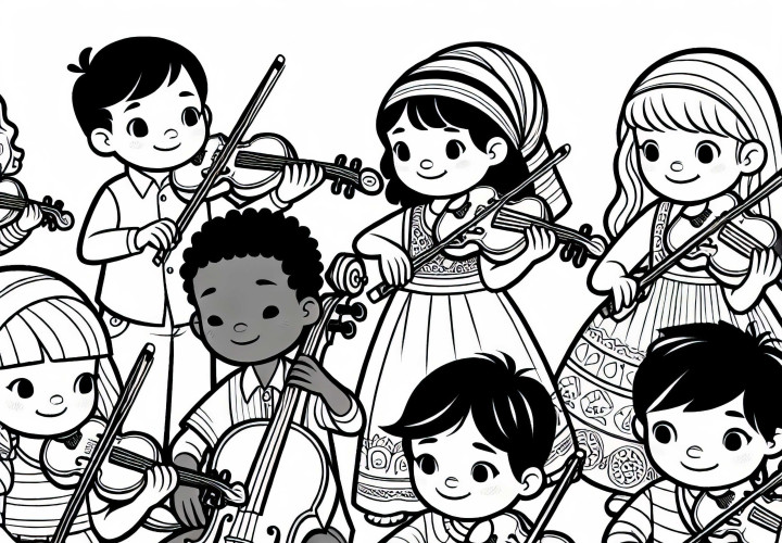 Children playing string instruments - Free coloring page