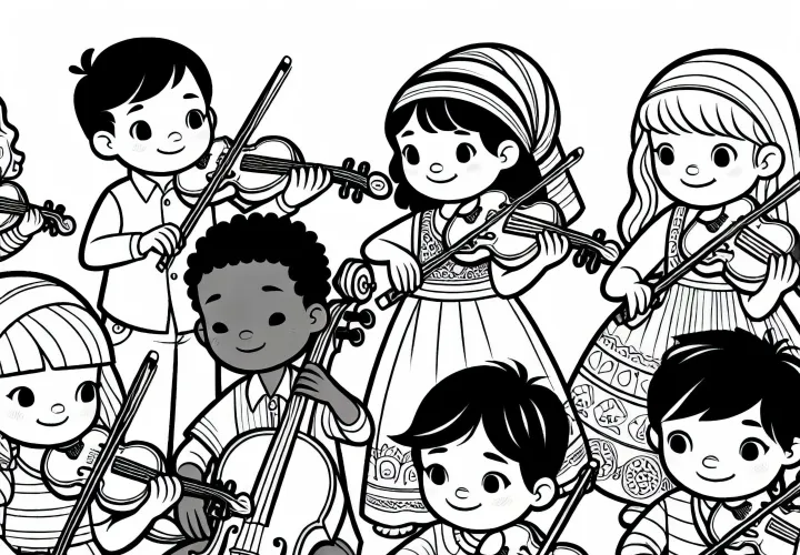 Children playing string instruments - Free coloring page
