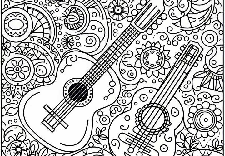 Рисунка за оцветяване на китара – Струнен инструмент Безплатно