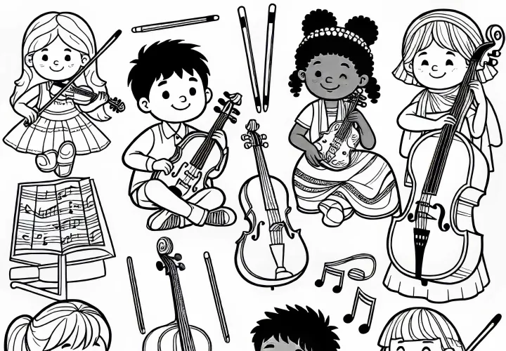 Децата играят на струни – Безплатен шаблон за оцветяване за изтегляне
