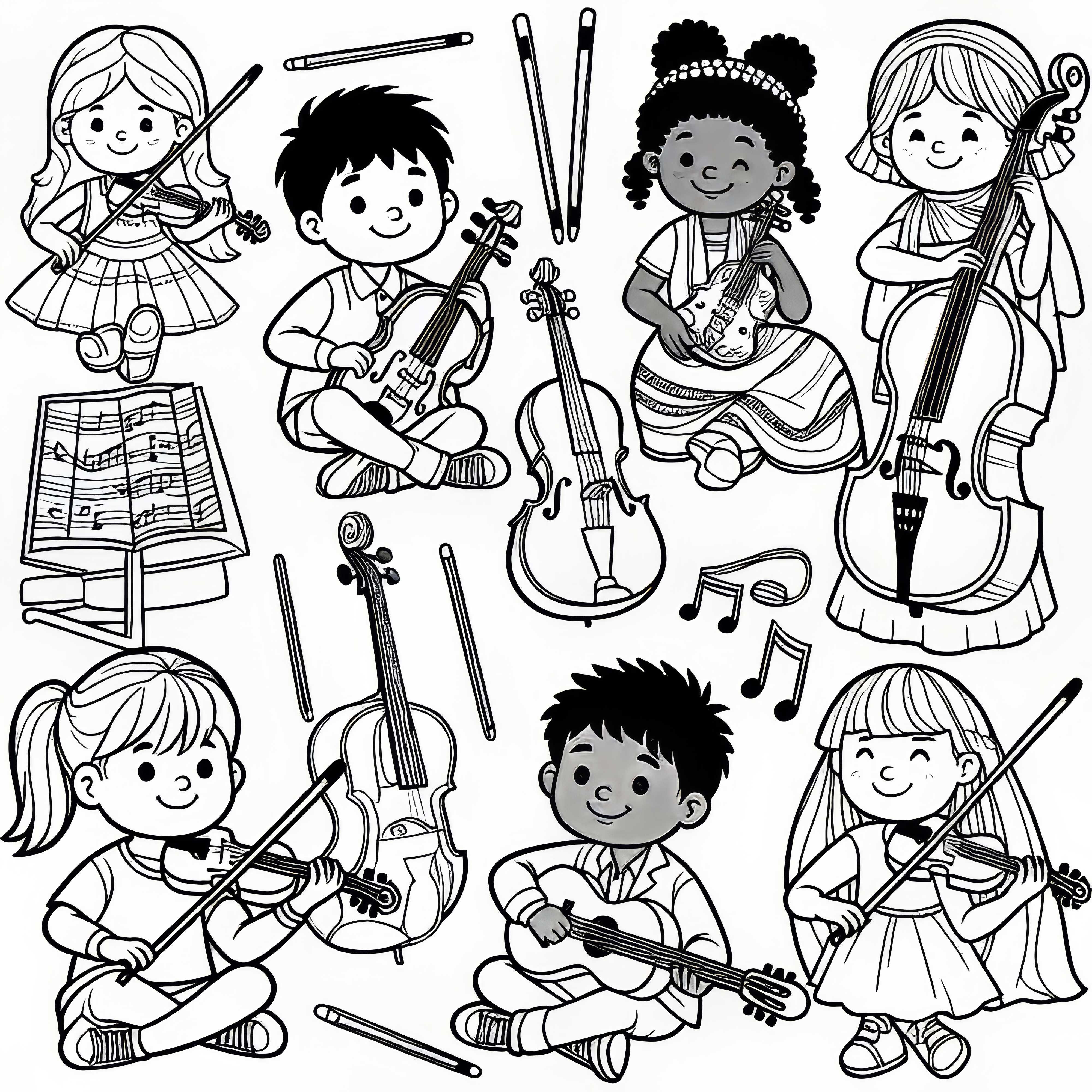 Anak-anak bermain alat musik gesek - Templet mewarnai gratis untuk diunduh
