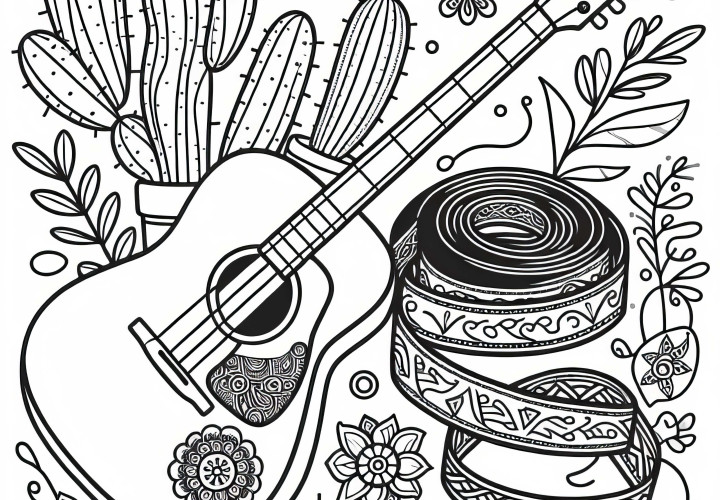 Template mewarnai tali gitar untuk alat musik petik - Gambar mewarnai gratis