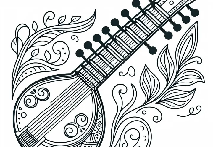Ситар оцветяваща страница за струнни инструменти безплатно