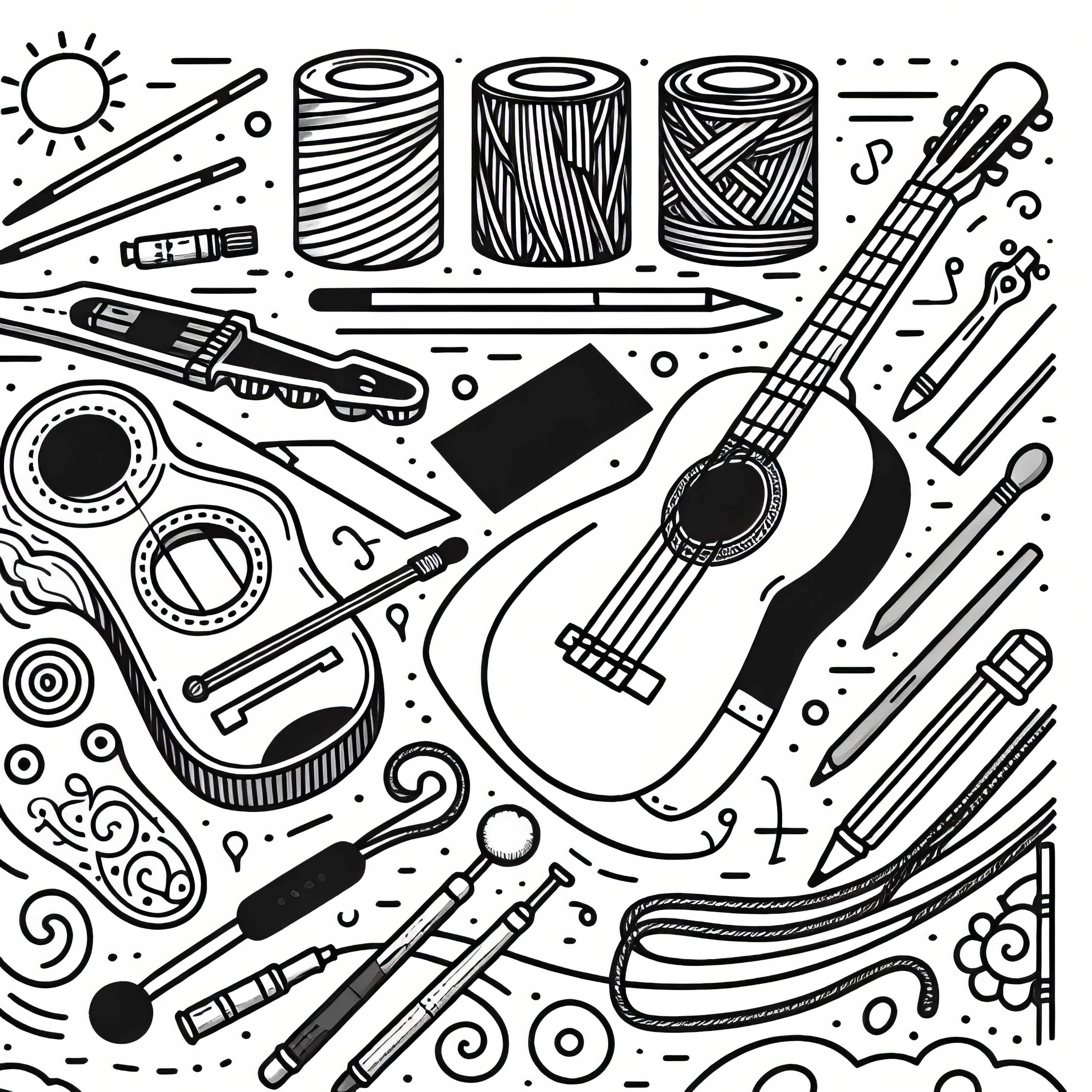 Template mewarnai berkualitas tinggi untuk senar gitar dan ukulele serta aksesori