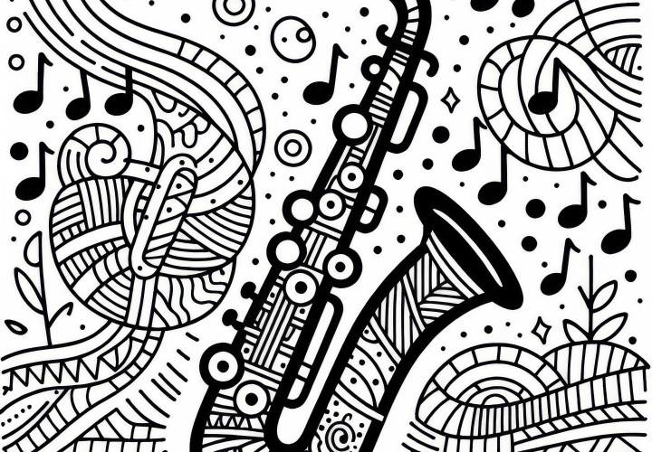 Pânză de colorat gratuită cu un saxofon – instrument cu suflat din lemn
