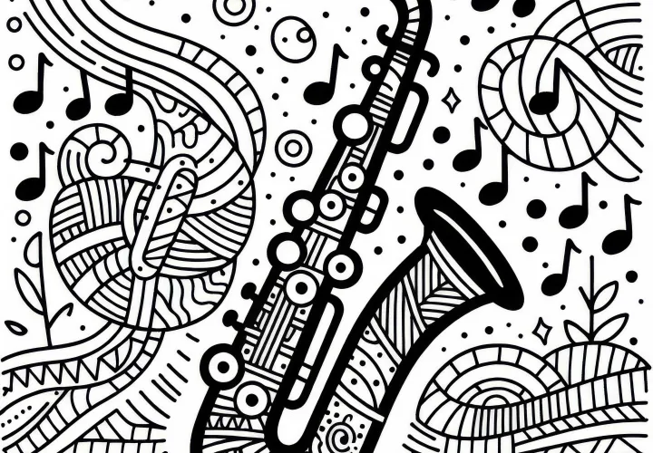 Безплатен шаблон за оцветяване на саксофон – духов инструмент