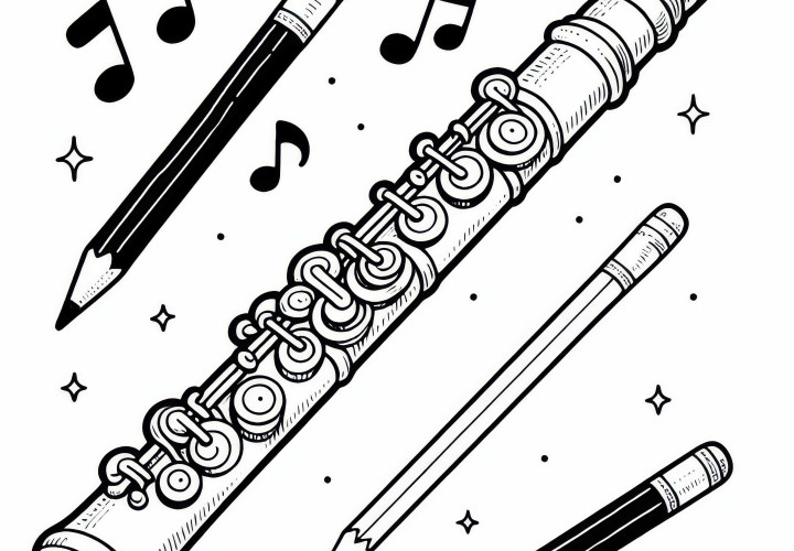 Desen de colorat cu flaut piccolo – instrument de suflat din lemn, descărcare gratuită