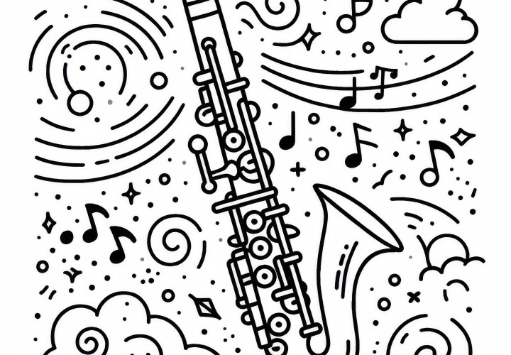 Imagine de colorat pentru clarinet bas – Instrument de suflat din lemn gratuit