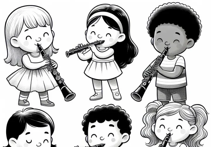 Децата играят на дървени духови инструменти – Оцветяваща картина за креативни умове