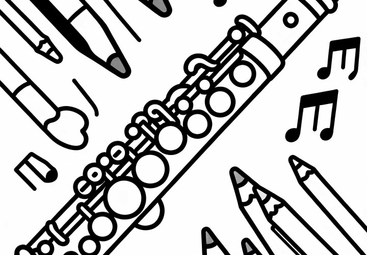 Desen de colorat cu o flaut traverso – instrument de suflat din lemn, disponibil pentru descărcare gratuită
