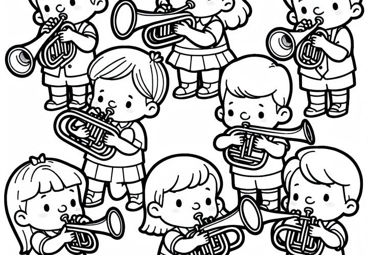 Children playing brass instruments - Free coloring page