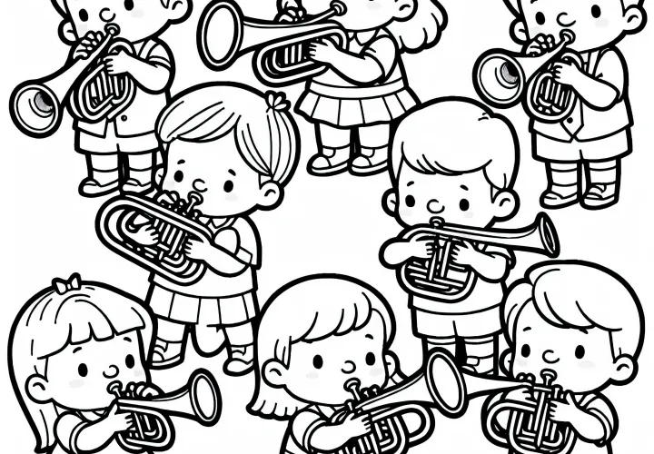 Children playing brass instruments - Free coloring page