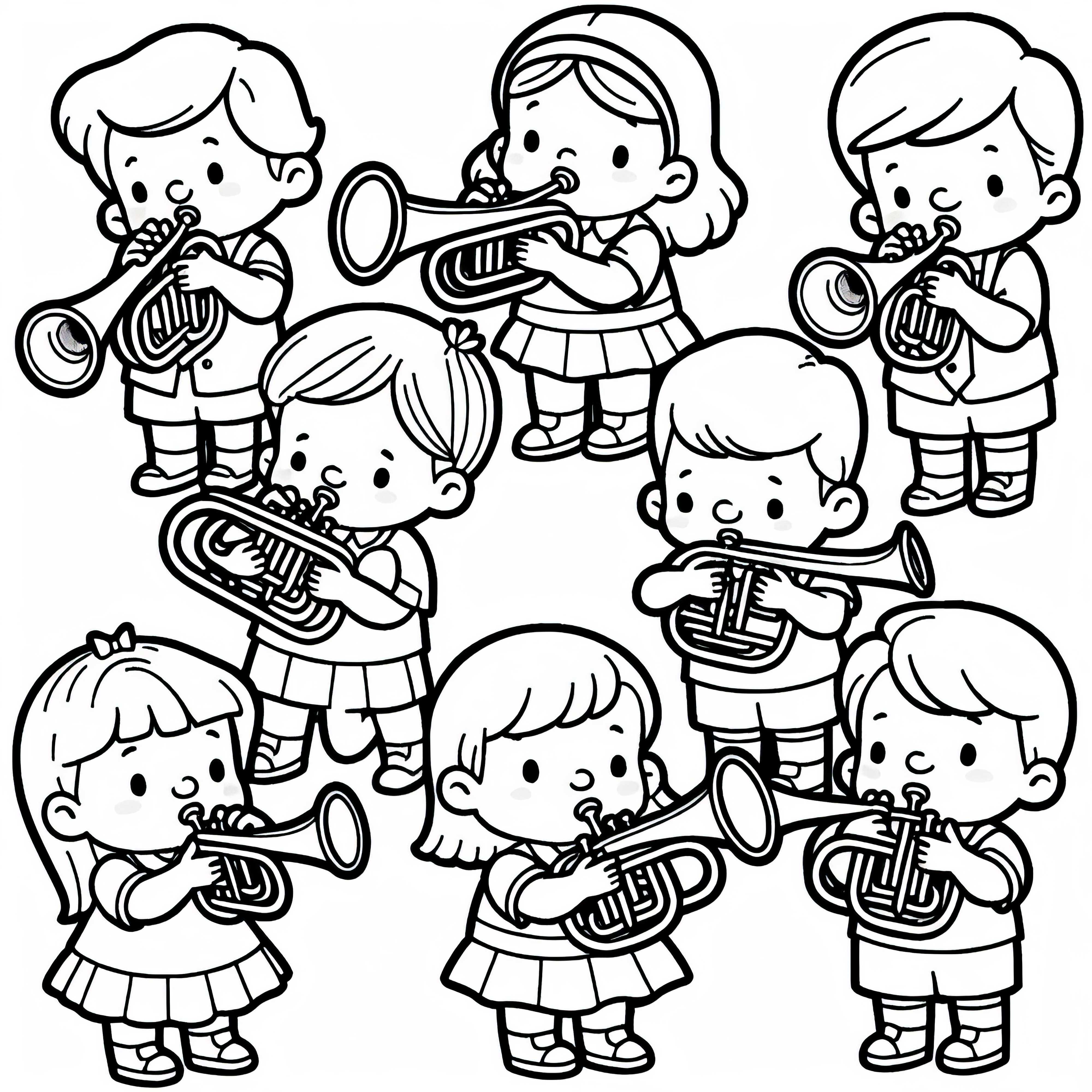 Children playing brass instruments - Free coloring template