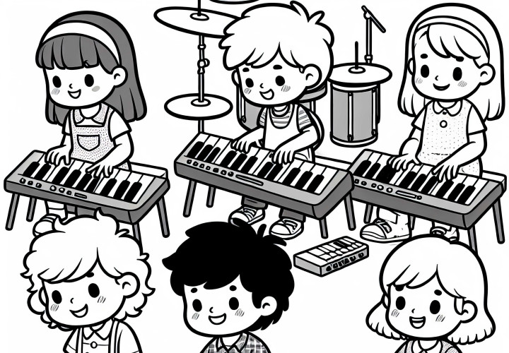 Children playing on keyboard instruments - download free coloring page