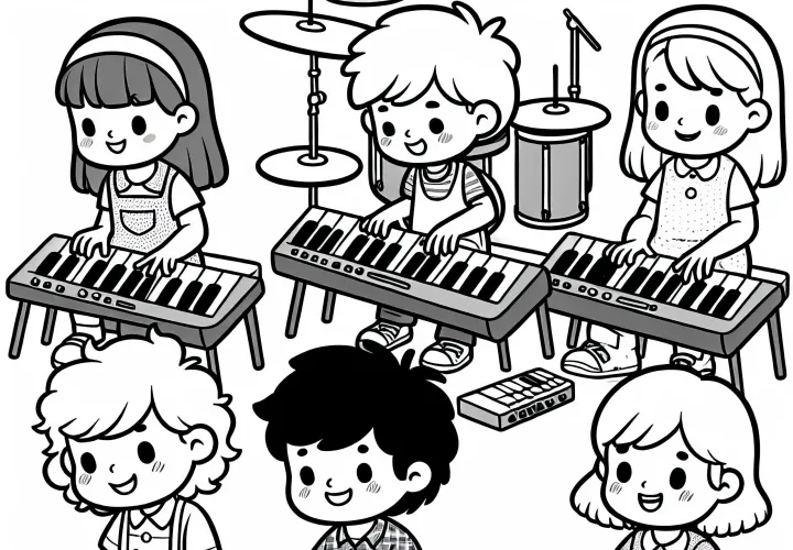 Children playing on keyboard instruments - download free coloring page