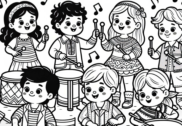 Children playing on percussion instruments - Free coloring page