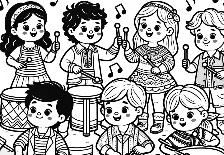 Children playing on percussion instruments - Free coloring page