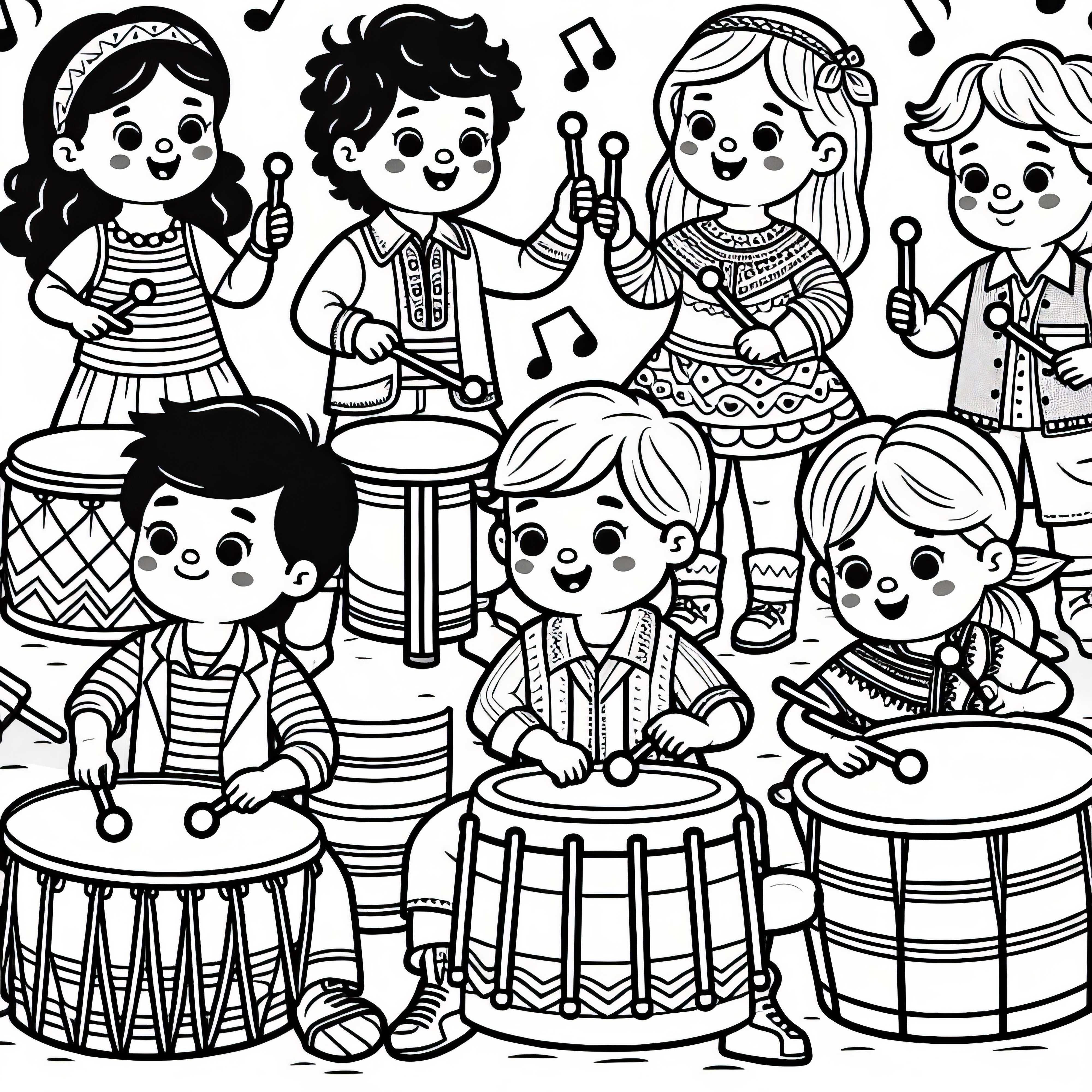 Children playing on percussion instruments - Free coloring page
