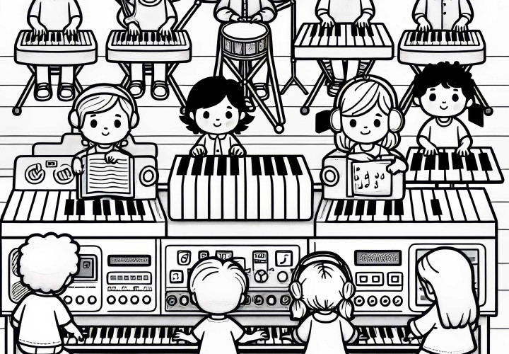 Children play on electronic instruments – Free coloring page