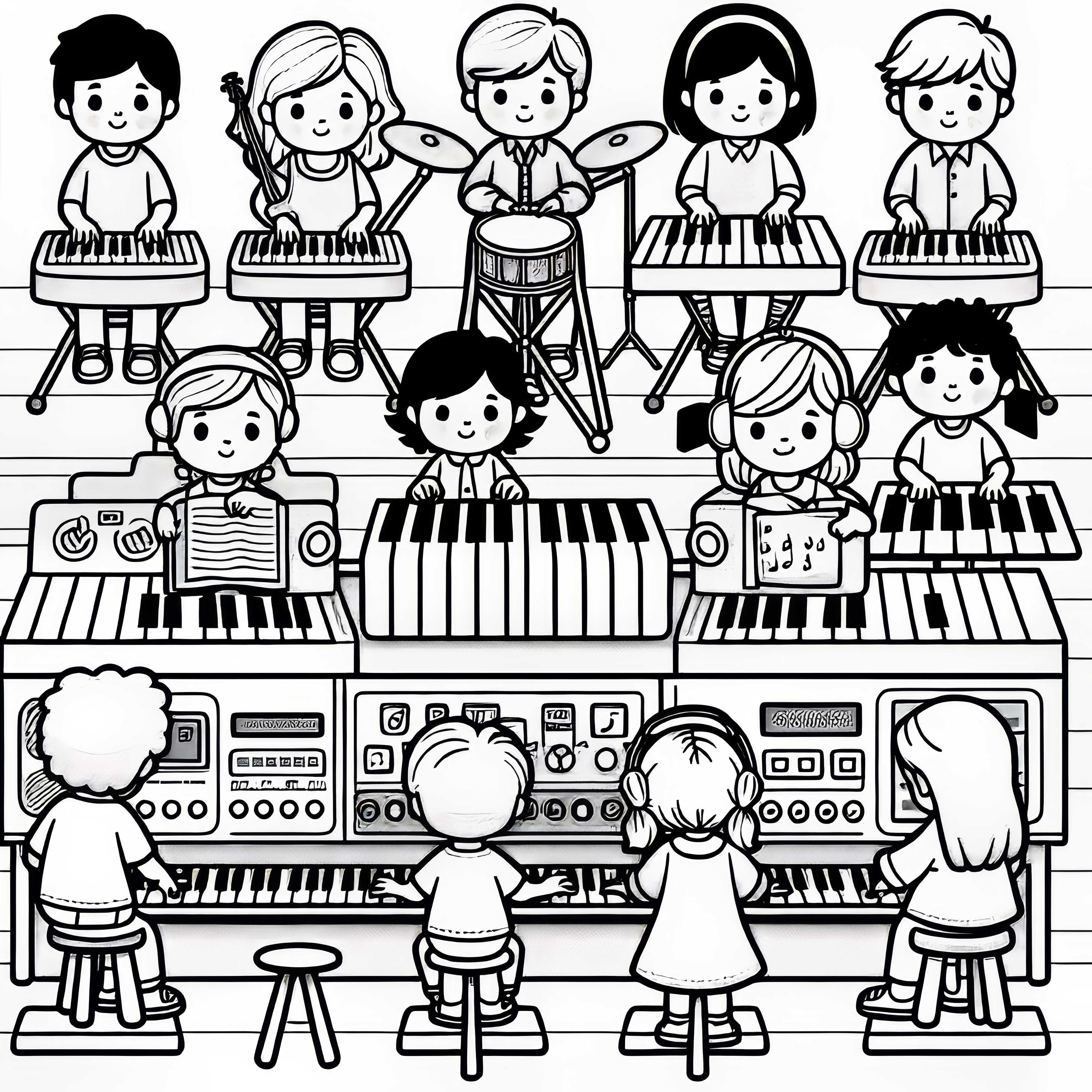 Children playing on electronic instruments &ndash; Free coloring page