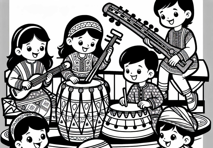 Children playing traditional instruments - Free coloring picture