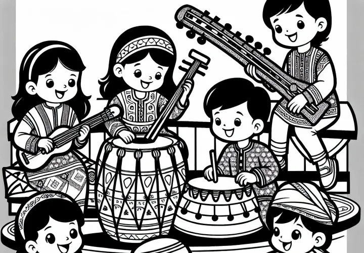 Children playing traditional instruments - Free coloring picture