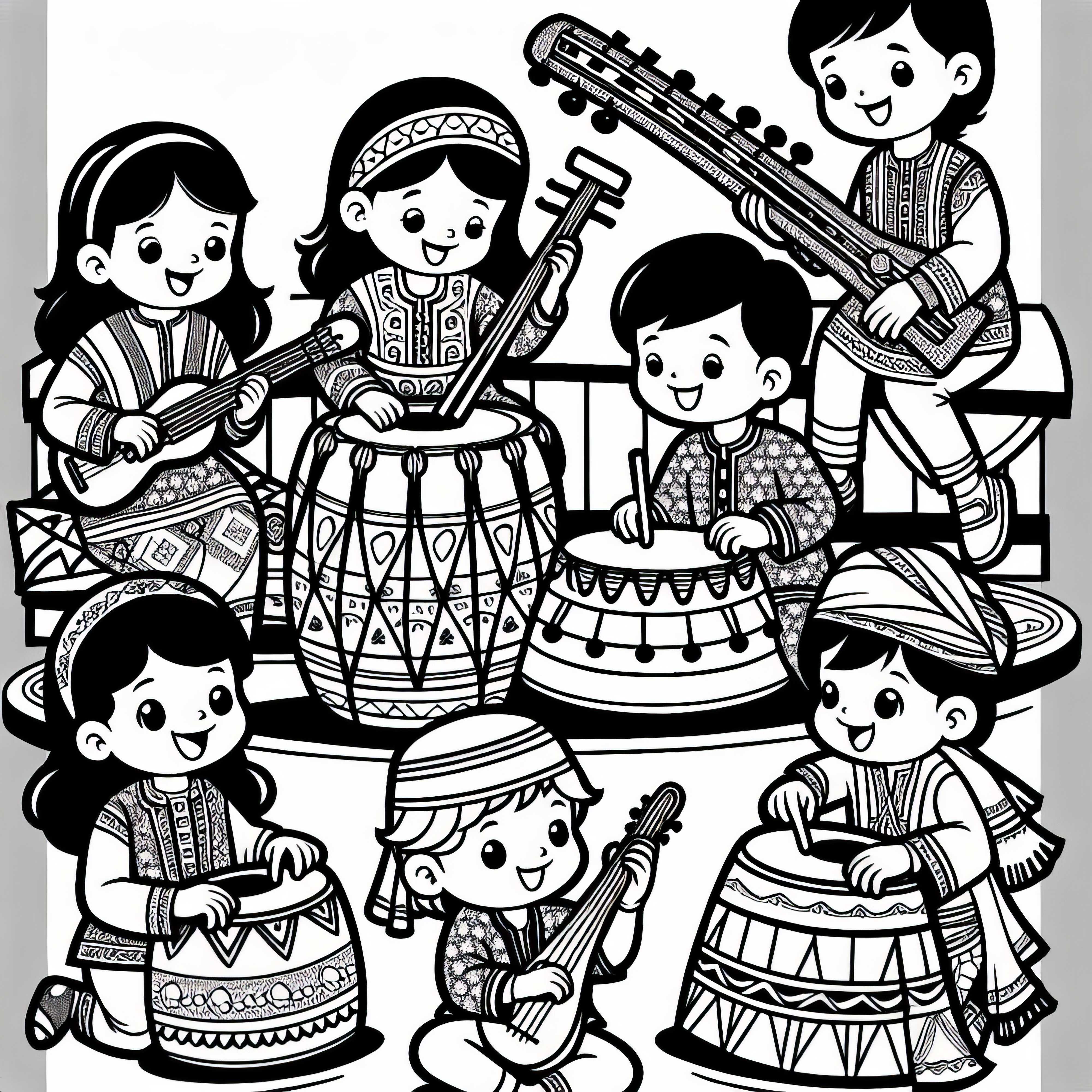 Children playing traditional instruments - Free coloring page