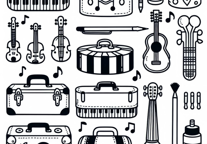 Coloring page accessories boxes for small parts and musical instruments – Free download