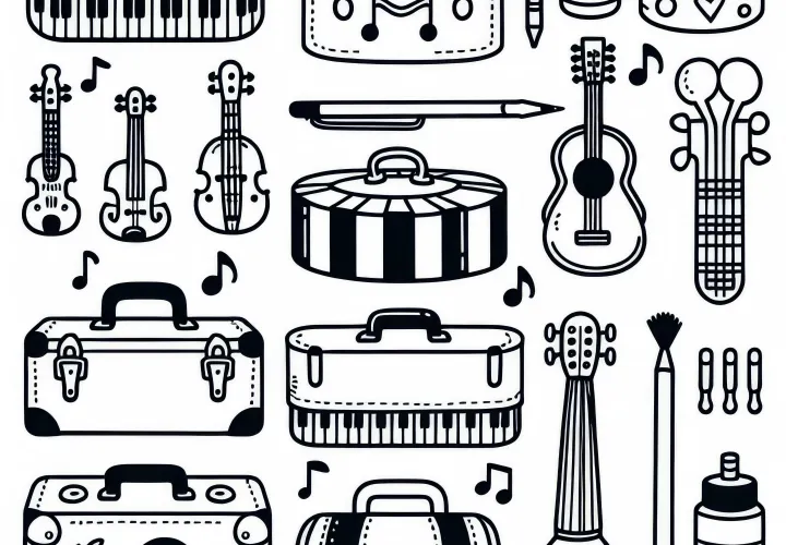 Coloring page accessories boxes for small parts and musical instruments – Free download