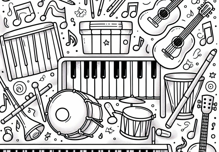 Music making coloring page with many instruments for free