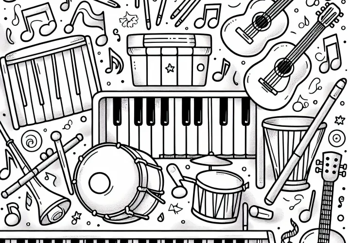 Music making coloring page with many instruments for free