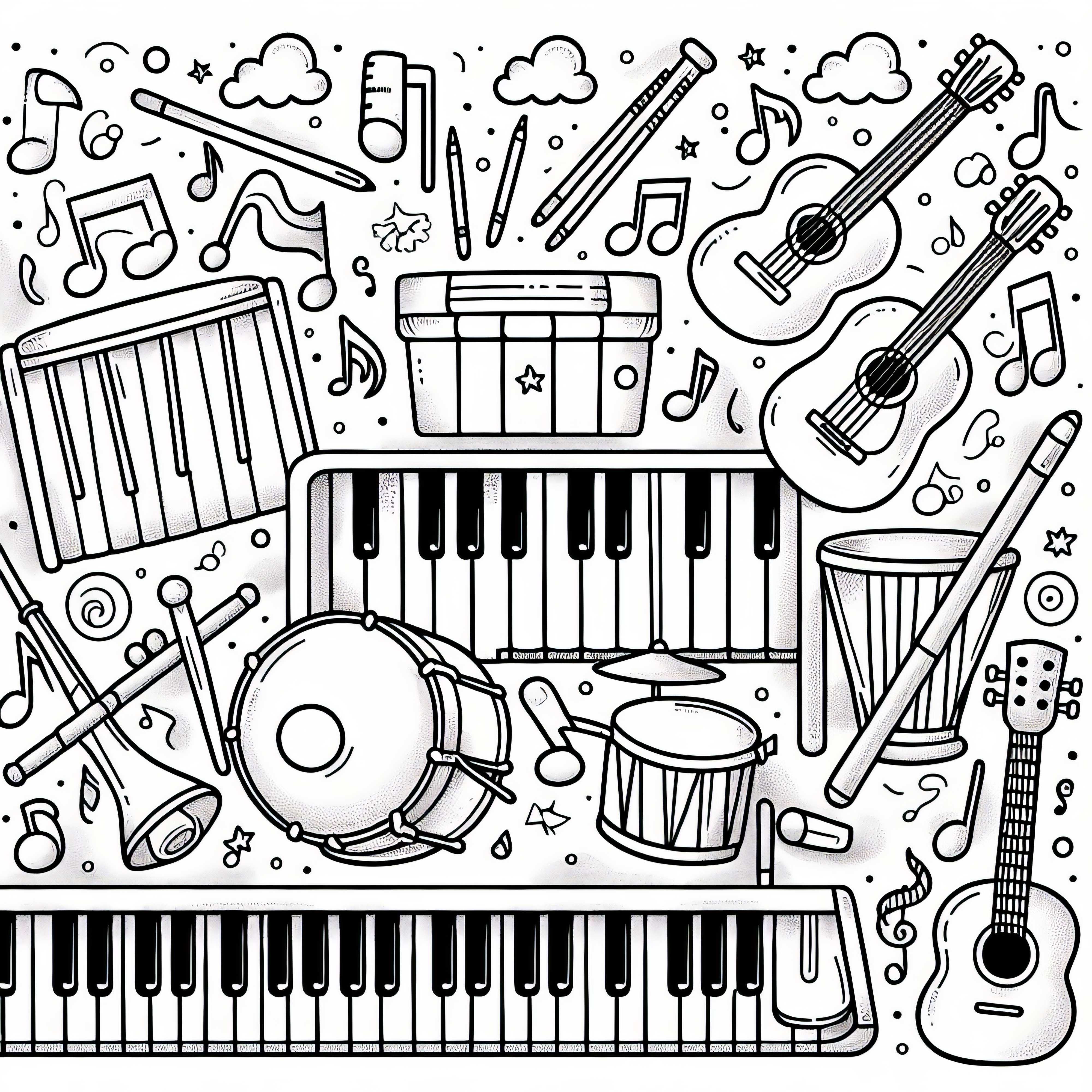 Music-making coloring page with many instruments for free