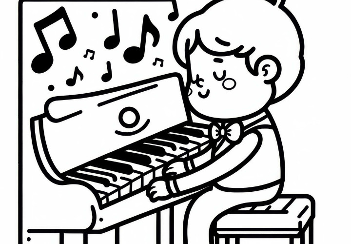 Boy plays piano - Simple coloring template free