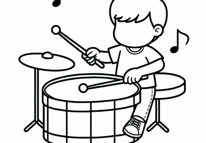 Boy playing drums – Free coloring page