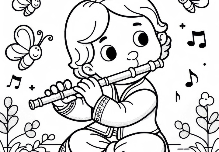 Girl playing flute - Free coloring page