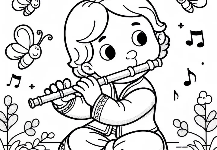 Girl playing flute - Free coloring page