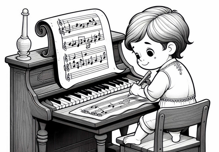 A girl composes music - free coloring page