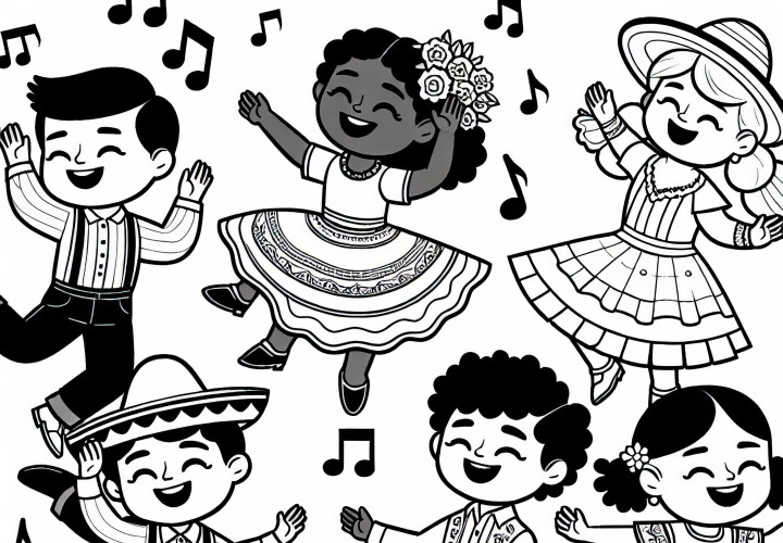 Children Dancing to Music - Free Coloring Page