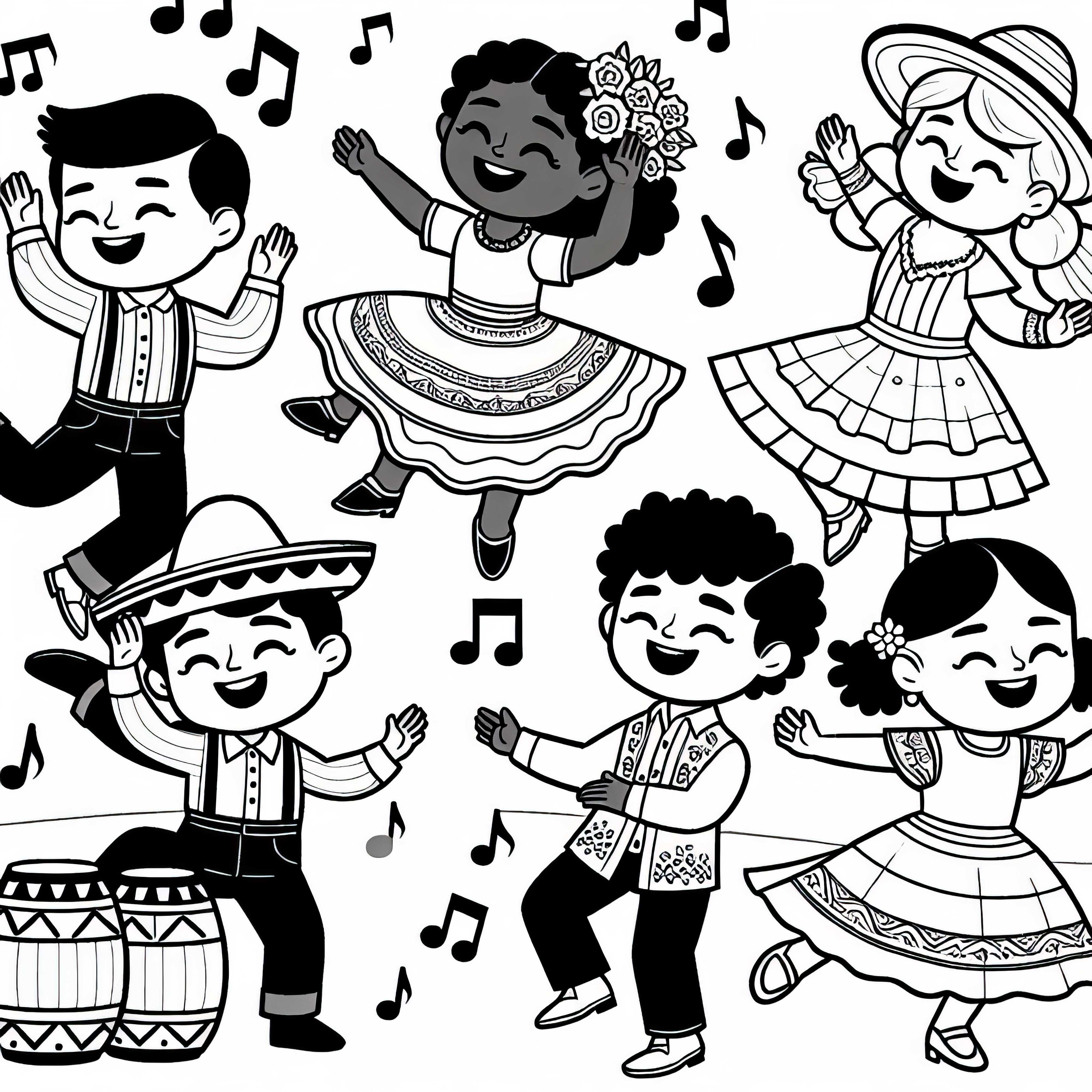 子供たちが音楽に合わせて踊る - 無料のぬりえ