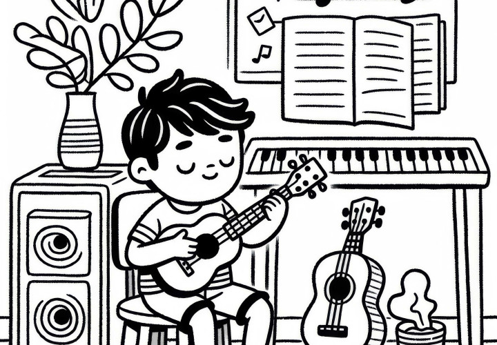 Junge spielt Ukulele Malvorlage gratis herunterladen und online ausmalen