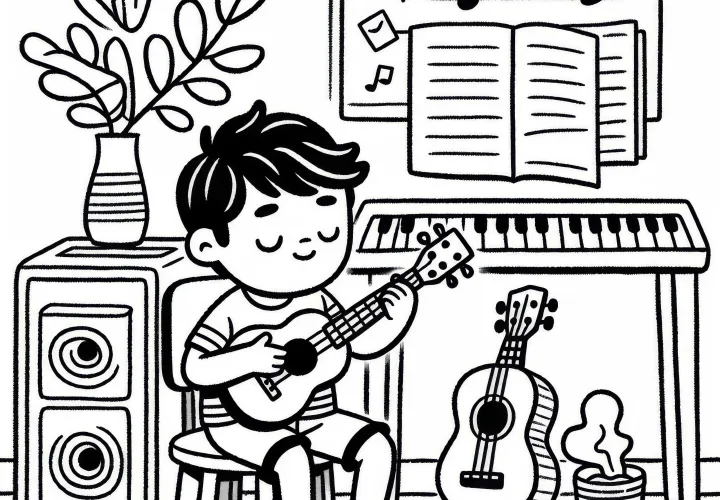 Junge spielt Ukulele Malvorlage gratis herunterladen und online ausmalen