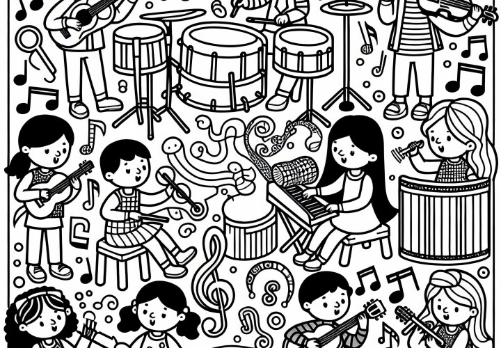 Děti dělají hudbu s různými nástroji – omalovánka zdarma