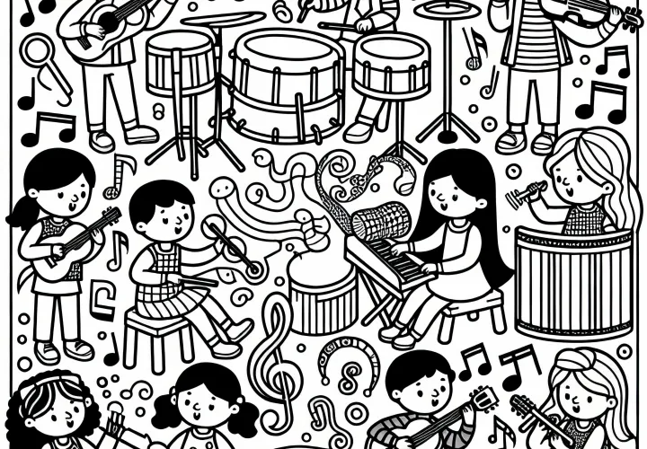 Dzieci grają w muzykę na różnych instrumentach – darmowy rysunek do pokolorowania