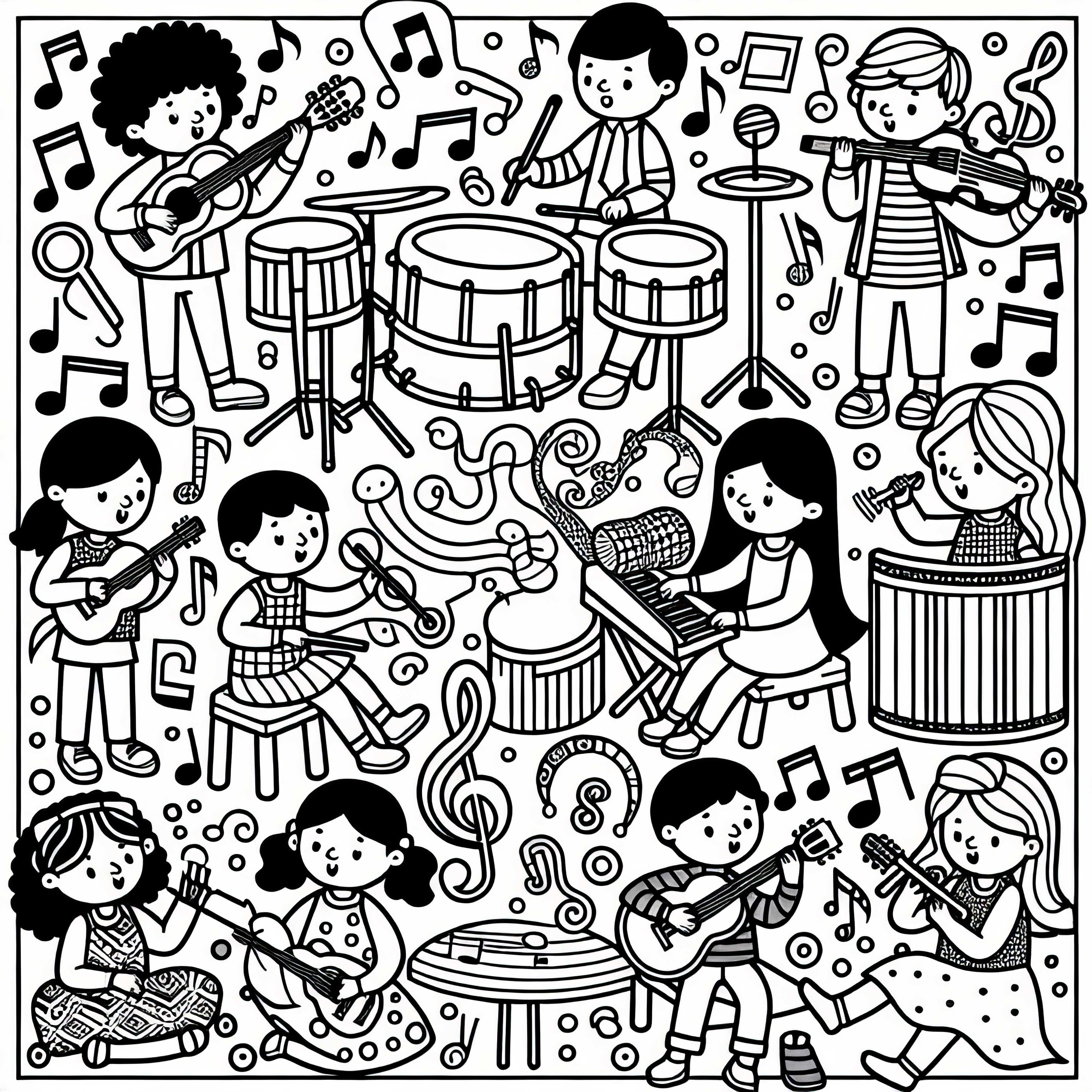 Children making music with different instruments – Free coloring page